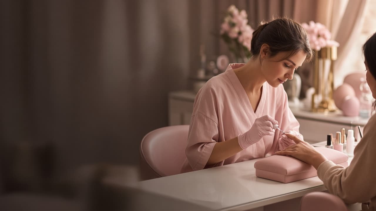 Manicurist applying gel polish in a modern salon — SeleneOne first 100 bookings free for new owners